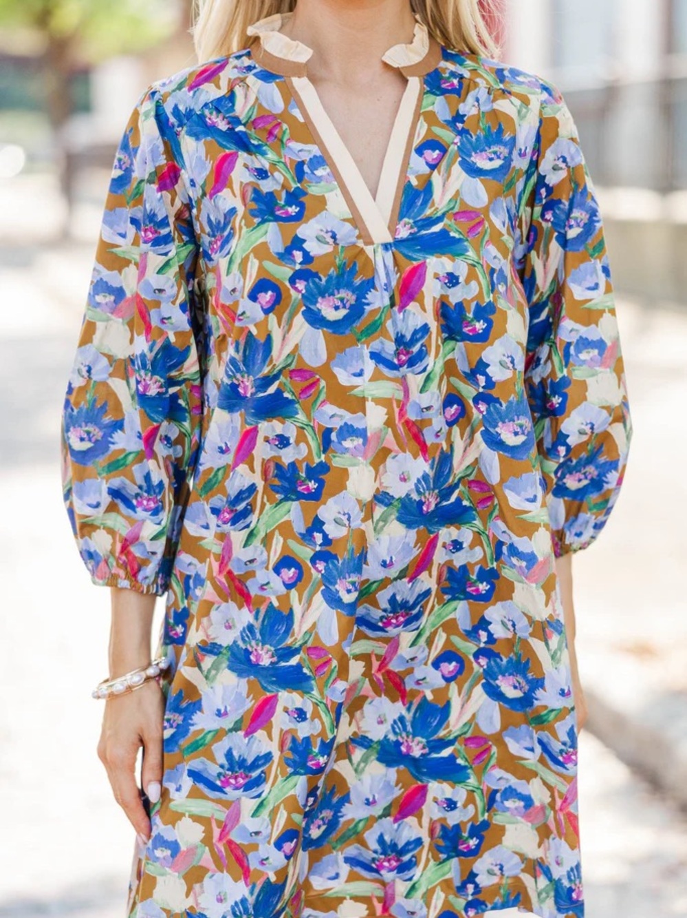 Umgee Floral Mini Dress in Blue, Mustard & Pink